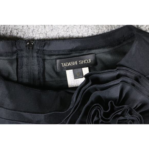 Tadashi Shoji Dress 12 Black Pleated Rosette Cap Sleeve Shutter Cocktail Formal - Picture 5 of 8